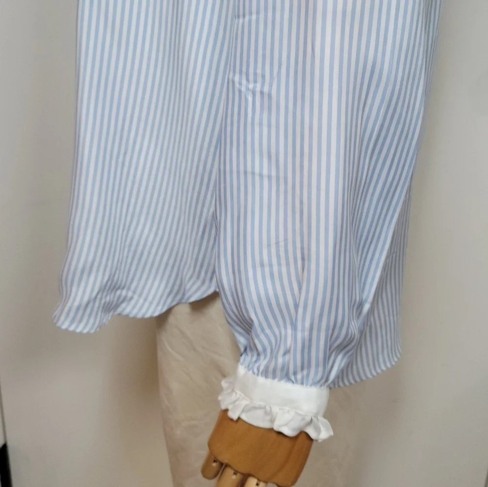J. Crew Blue & White Striped Cupro Blend Button-Up Shirt Ruffle Trim Size Small